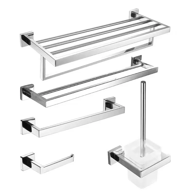 Deluxe Stainless Steel 5 Piece Square Design Towel bar Set Matt Black Wall Mounted Bathroom Accessories Hardware Set