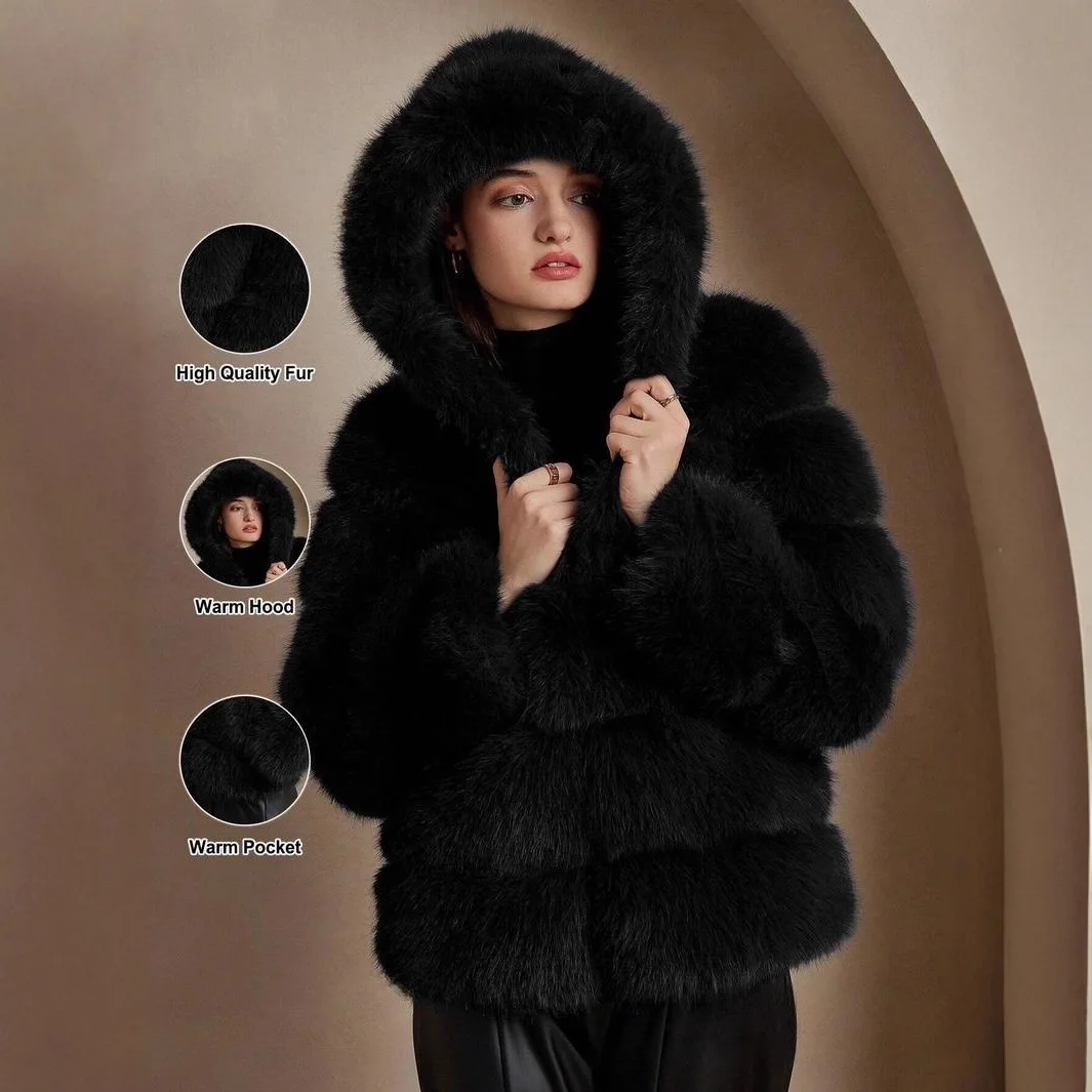 معطف فرو الثعلب الصناعي للنساء سترة قصيرة بقلنسوة شريطية متينة وأكمام طويلة وسحاب مستقيم مناسب سميك للمكتب للسيدات غير رسمي لشتاء 2025