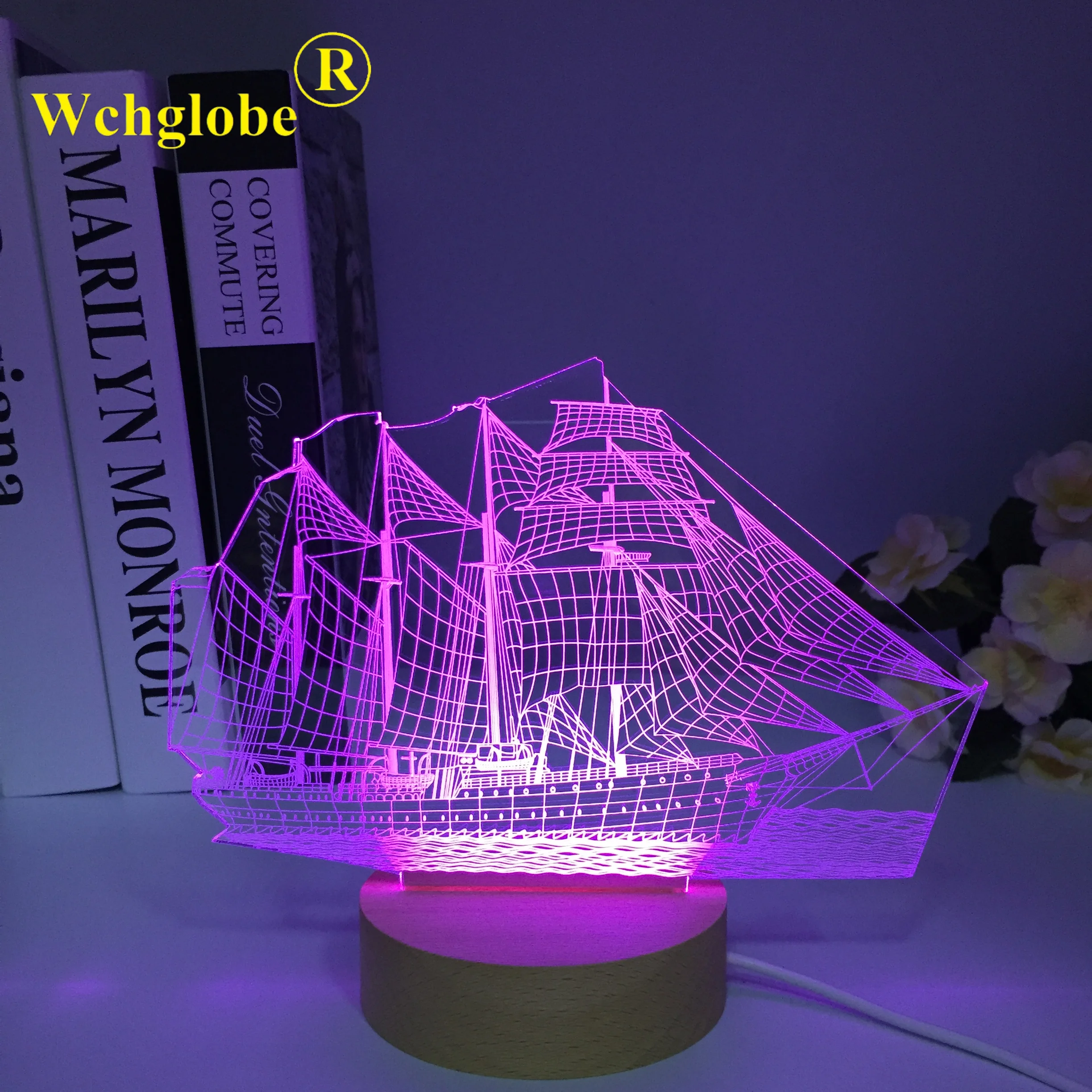 Wooden Sailing Boat Ship 3D Light 7 Colors Change Illusion Lamp for Home Cafe Decoration Night Light USB LED Table Desk Lamp