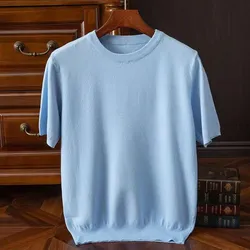 Cashmere Knitted Short Sleeve T-shirt Men Summer Basic O-neck T-Shirt Chic Color Tee Shirt Male Tops Loose Woolen Sweater