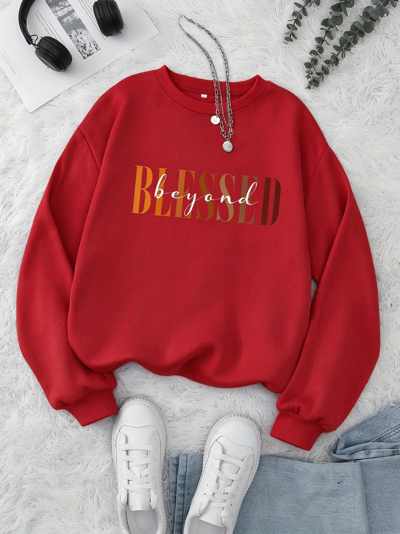 Red Women's Crewneck Sweatshirt, Blessed Beyond Gradient Letter Print, Casual Daily Sweatshirt, Fall Holiday Outfit, Autumn Winter Trendy Sweatshirt, Plus Size Available, Ships from Local Warehouse.
