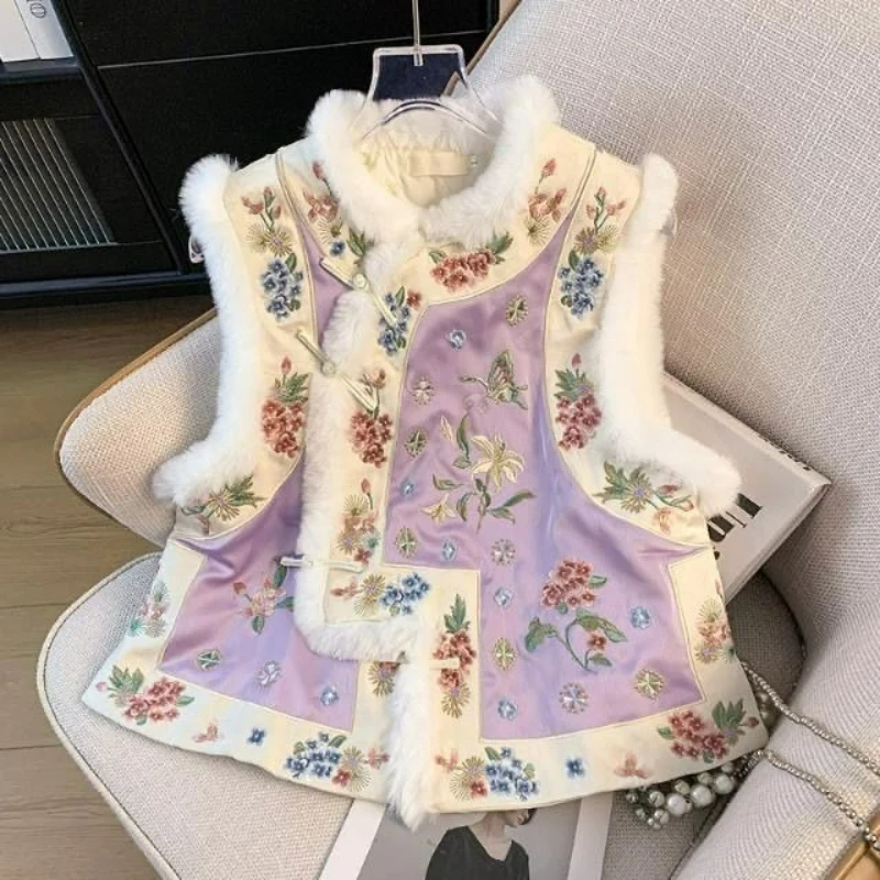 2026 Autumn Winter New Style Chinese-style Printed Fur Edge Thickened Top Vest Fashionable Good-looking Chinese-style Warm Vest
