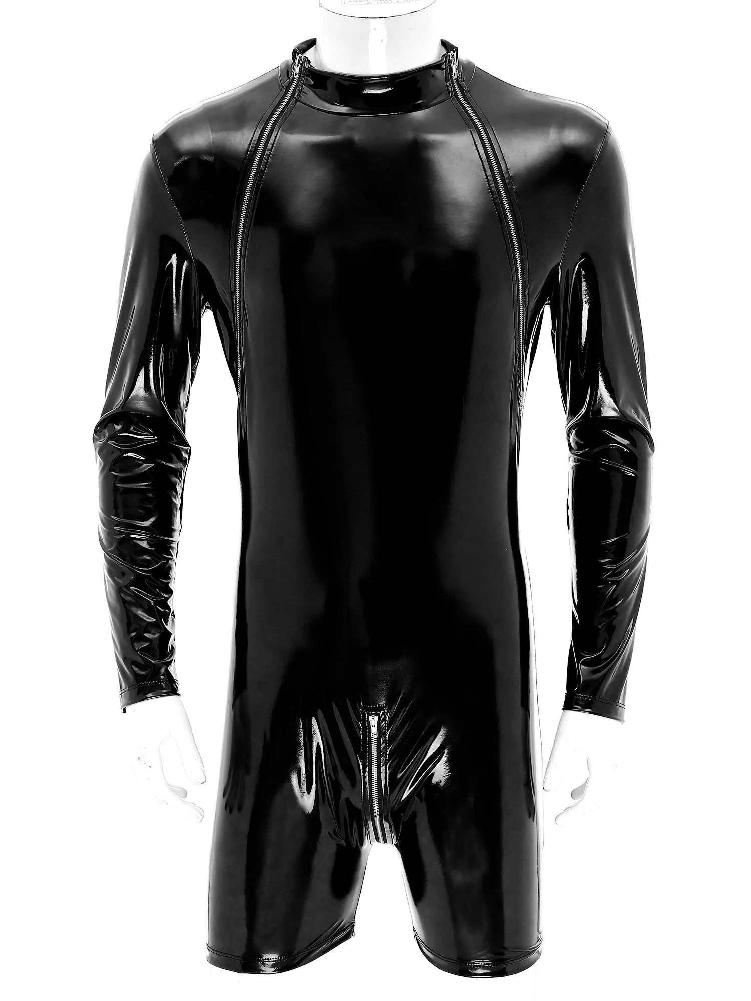 Latex Leotard Bodysuit Men\'s One Piece Wet Look PVC Leather Zipper Crotch Jumpsuit Romper Long Sleeve Wrestling Singlet Clubwear