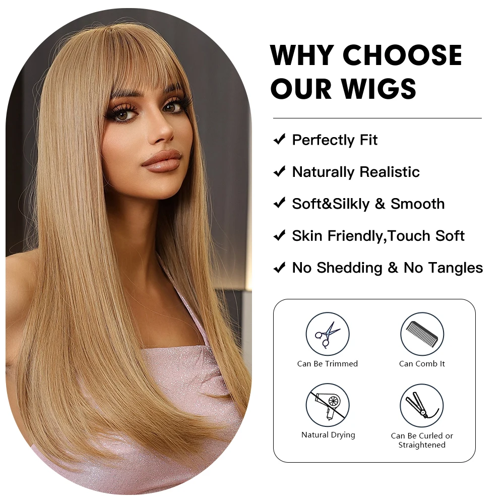 شعر مستعار ذهبي طويل مستقيم مع الانفجارات غير حادة للنساء ، شعر لوليتا تأثيري ، ألياف درجة حرارة عالية ، بني فاتح ، حفلة #2