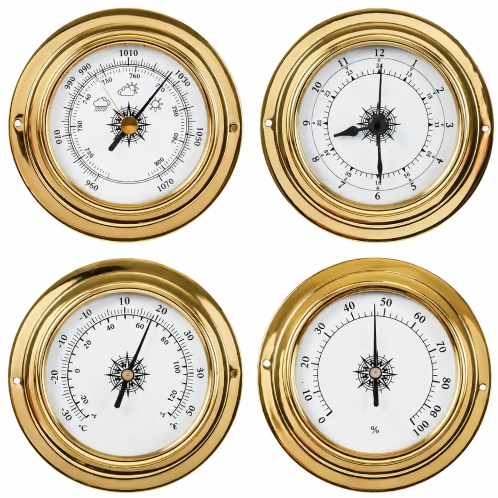 Marine Meteorological Instrument Set Polished Brass Analog Weather Gauges with Barometer Thermometer Hygrometer Clock for Yacht