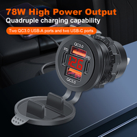 Dual PD Dual QC 3.0 USB Car Charger with Voltmeter Car Charger Socket 4 Ports USB A USB C Socket 78W for Car Boat Marine Truck