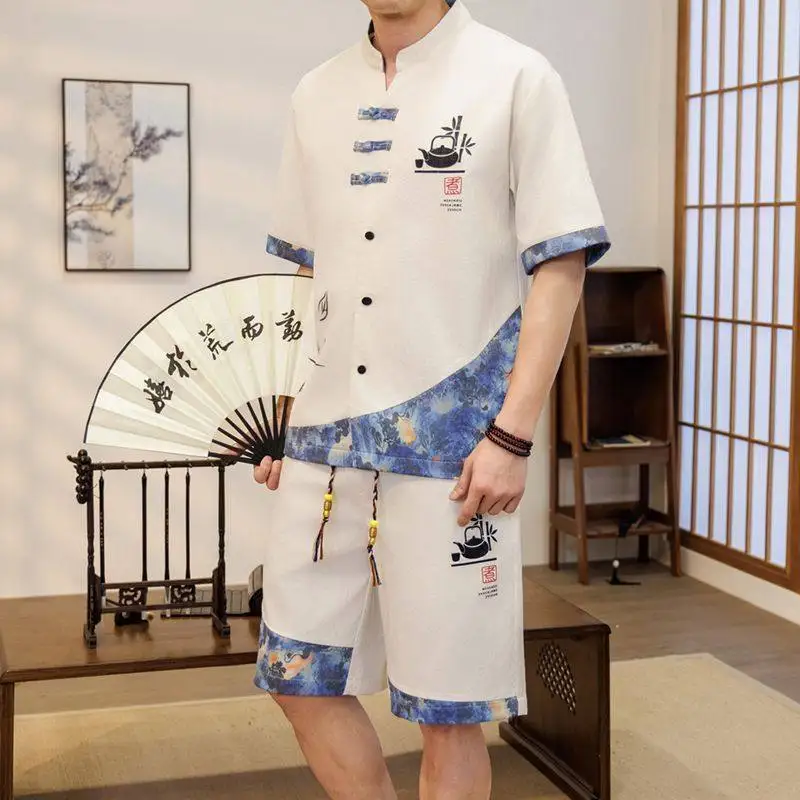 

Мужской летний комплект в китайском стиле: повседневная рубашка с коротким рукавом и шорты, полный комплект из полиэстера, молодежный модный образ
