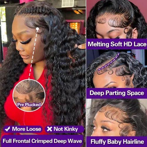 Imagen 2 del producto Pelucas delanteras de encaje de onda profunda cabello humano 13x6 13x4 HD pelucas frontales de encaje cabello humano 34 pulgadas peluca ondulada rizada de agua prearrancada para mujeres