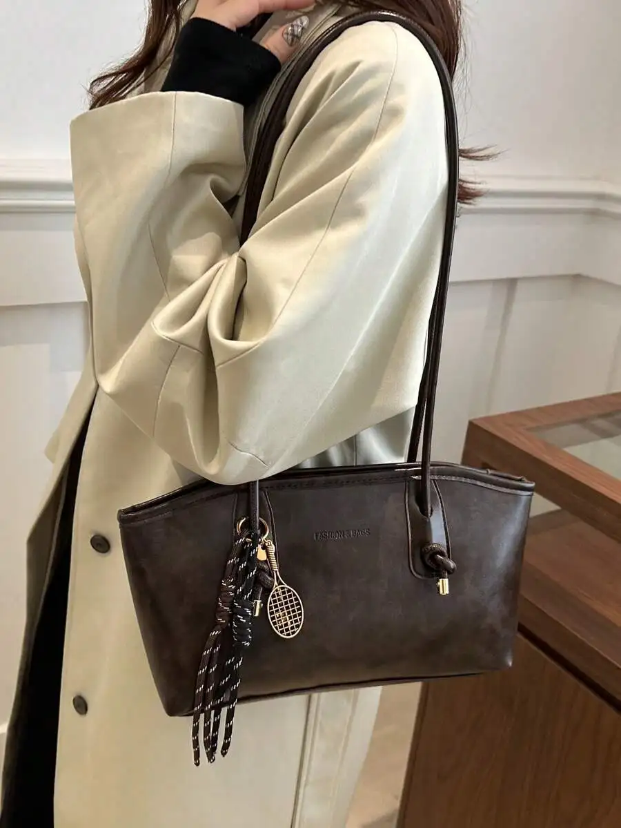 

Coffee Color Bowling Bag With Zipper Closure PU Material Large Capacity Shoulder Bag Vintage Style