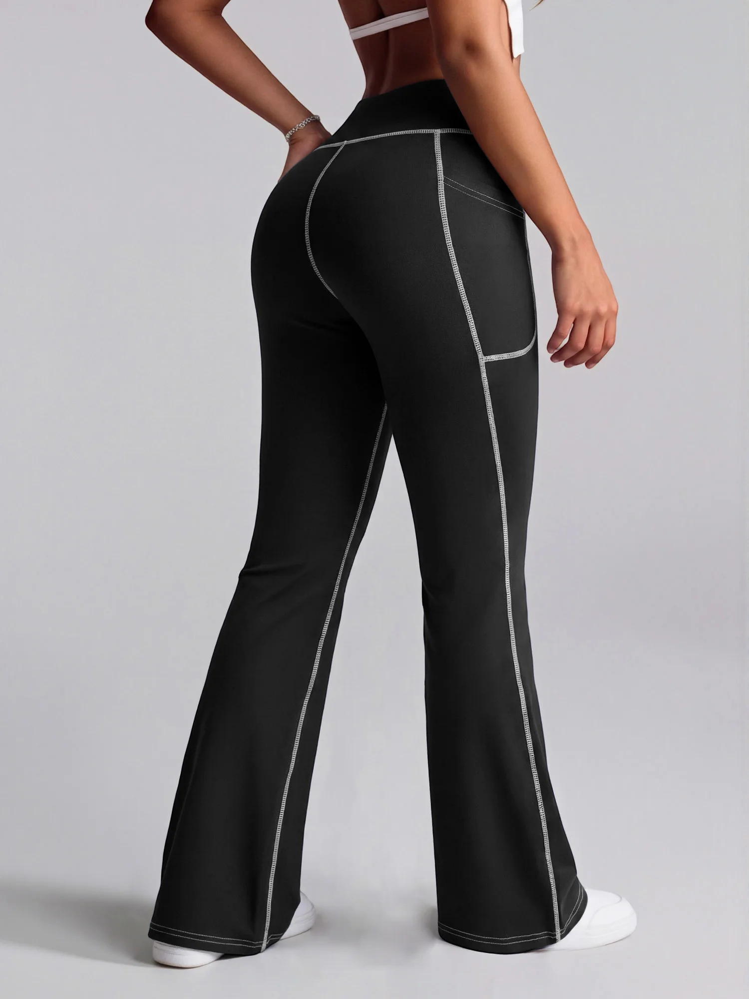 Female Soft Elastic Bootcut Long Pants Outline White Stitch Flare Leg High Waist Slim Side Pocket Daily Pants