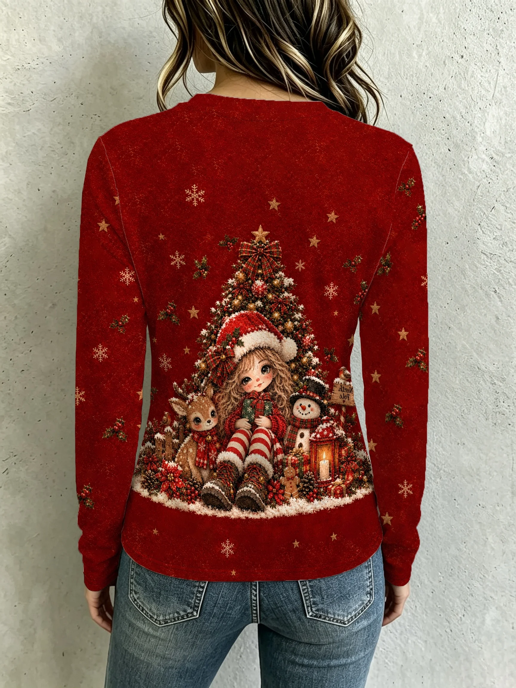 Women Long Sleeve Top 3D Print Christmas Girl Tree Snowman Deer Round Neck Holiday Casual Tops Women's Clothes