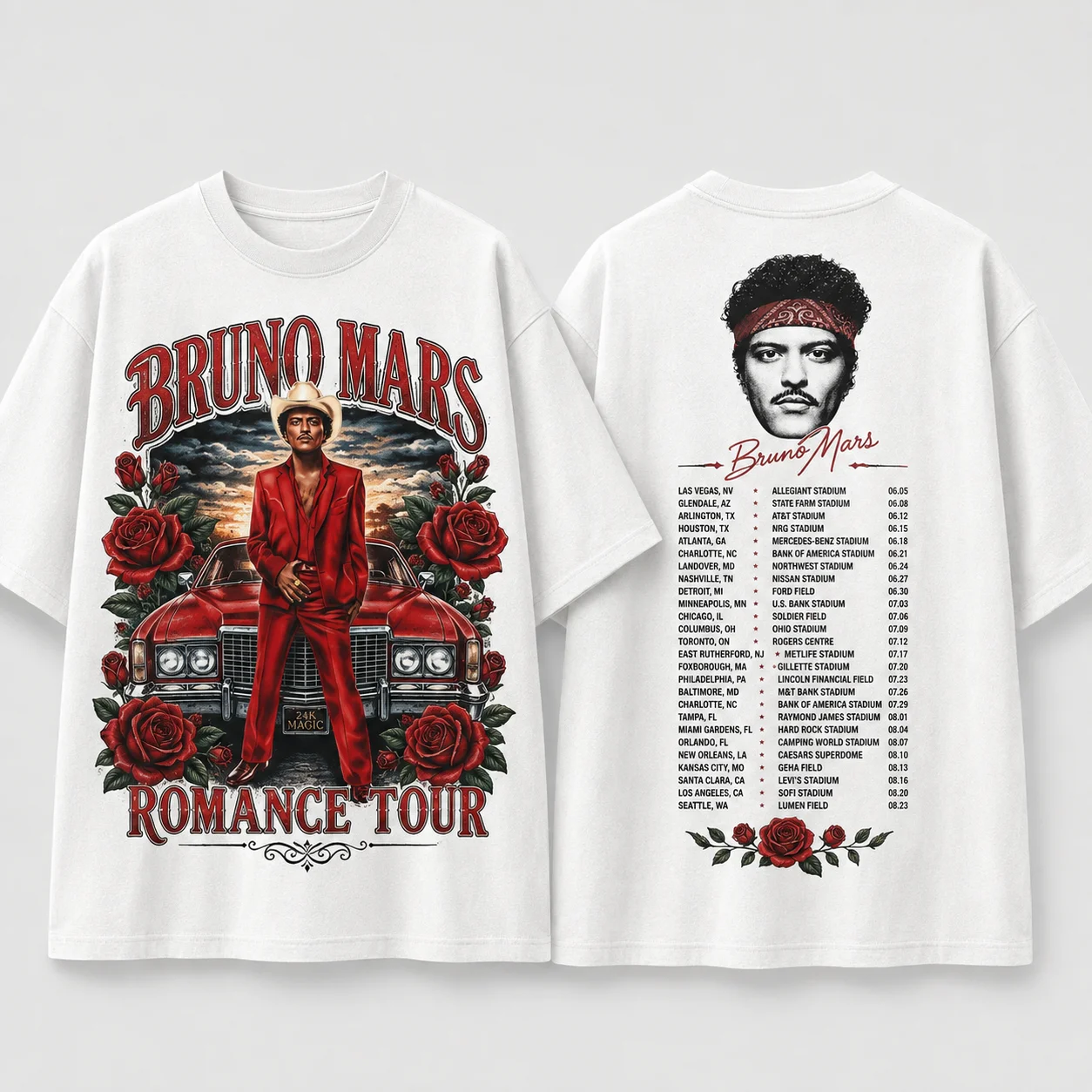 Bruno Mars The Romantic Tour T-Shirt Konzert-Merchandise Doppelseitiges Grafik-T-Shirt Kurzarm Casual Fan-Top – Detail 5