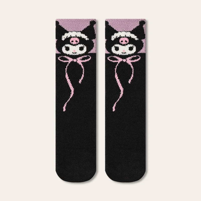 Sanrio Kuromi calcetines para niños Otoño e Invierno calcetines gruesos de terciopelo coral hasta la pantorrilla niñas bebé lindas medias cálidas de dibujos animados