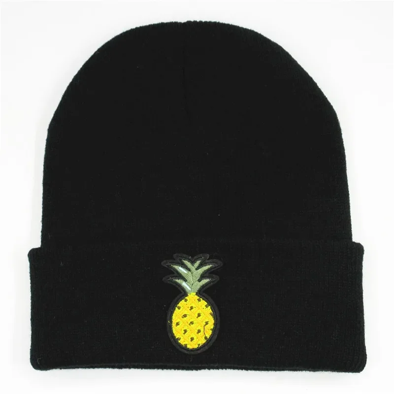 Winter Warm Pineapple Embroidery Cotton Thicken Knitted Hat Skullies Cap Beanie Hat for Men and Women 134
