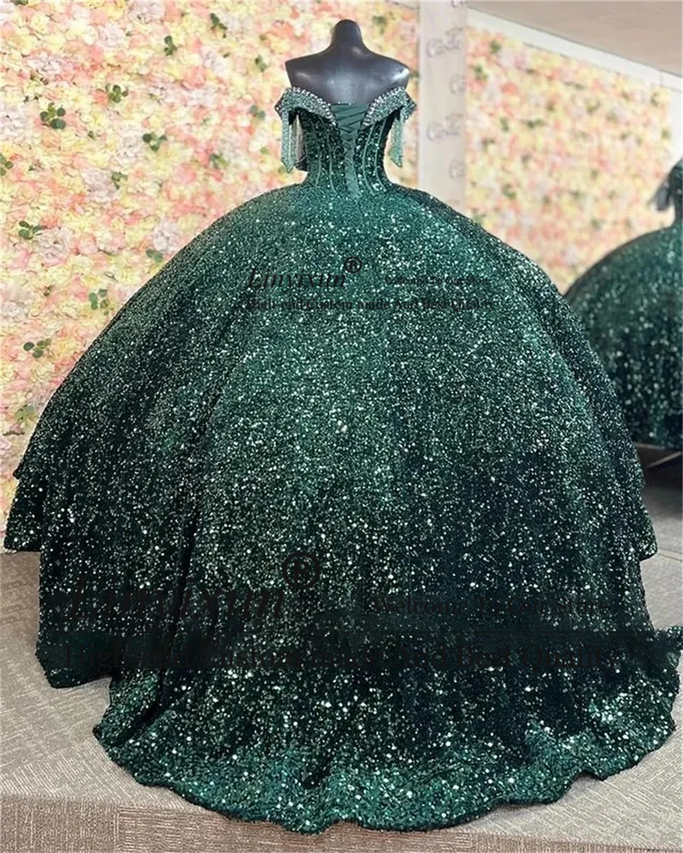 Sem o ombro doce vestido dezesseis, vestidos Quinceanera lantejoulas, vestido de baile, verde escuro, borlas frisadas, 2024, 15