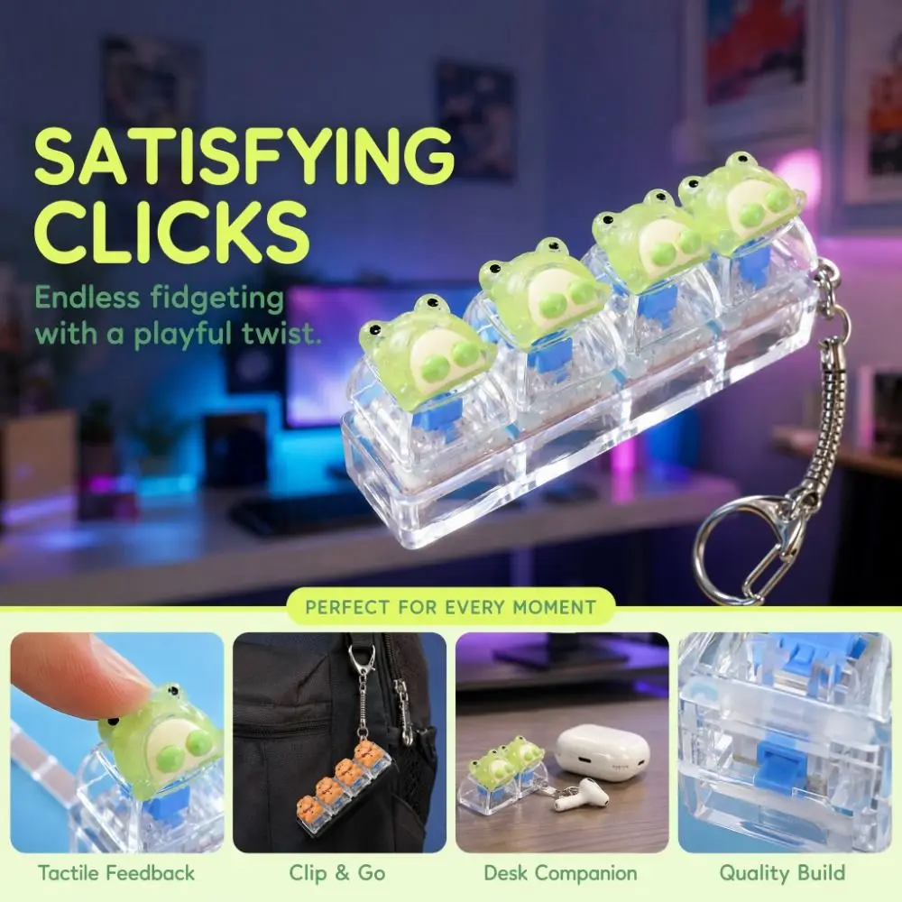 Cute 4 Key Fidget Keychain Pressable Mini Keycap Fidget Biscuit Animals Cartoon Push Button Gifts For