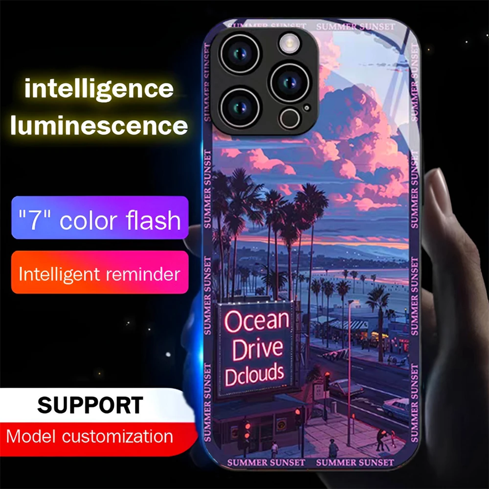 Summer Sunset Pattern Smart LED Light Glow Tempered Glass Phone Case For Samsung S26 S25 S24 S23 S22 S21 S20 FE Plus Ultra