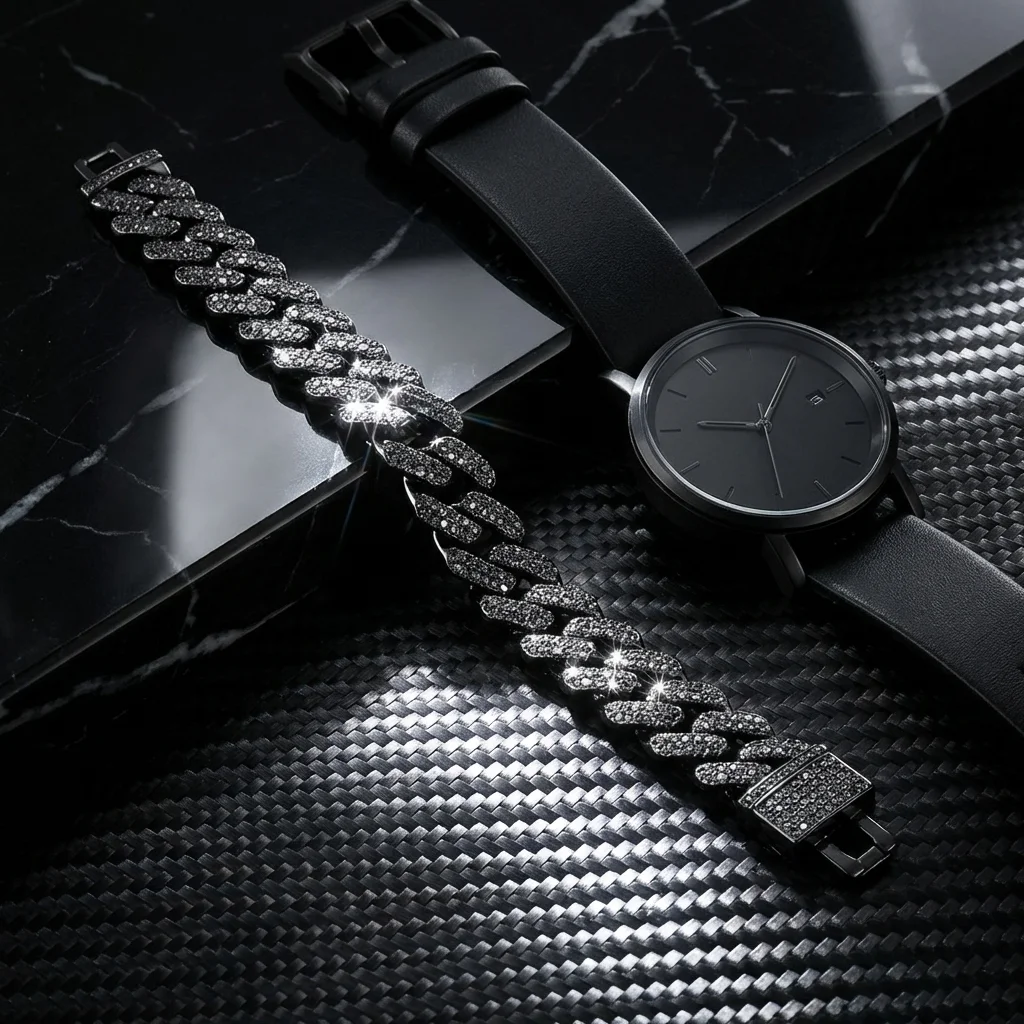 Hip Hop Full Rhinestone Rhombus Cuban Chain Bracelet Trendy Exaggerated Domineering Jewelry For Men