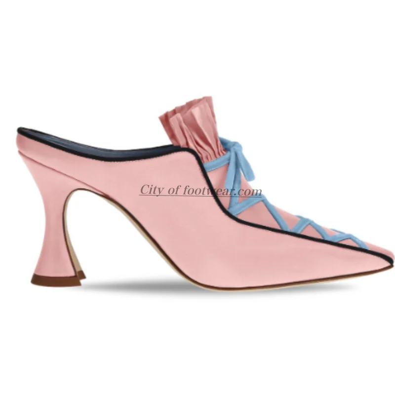 2026 New in Baby blue/pink Women's lace up bow mules silk high heels luxury designer party elegant shoes view 4