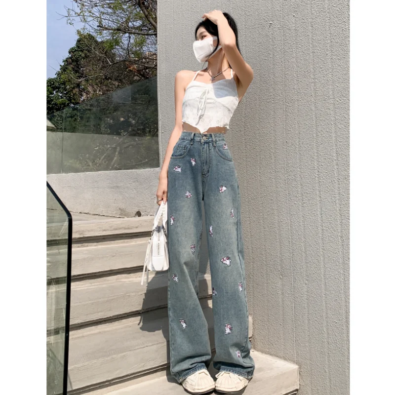 Blue Jeans for Women Embroidery High Waist American Fashion Y2K Chic Streetwear Wide Leg Jean Female Trouser Baggy Denim Pants