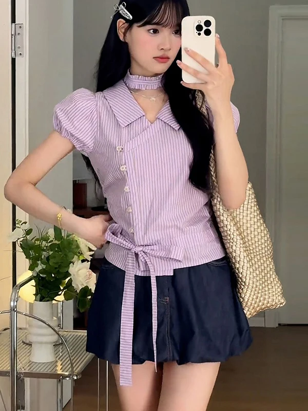 

Retro Striped ort Sve Women's irt Summer Sle Pink Tie Waist Slim Fit Sweet Top Korean Version Commute Sle UV Prote...