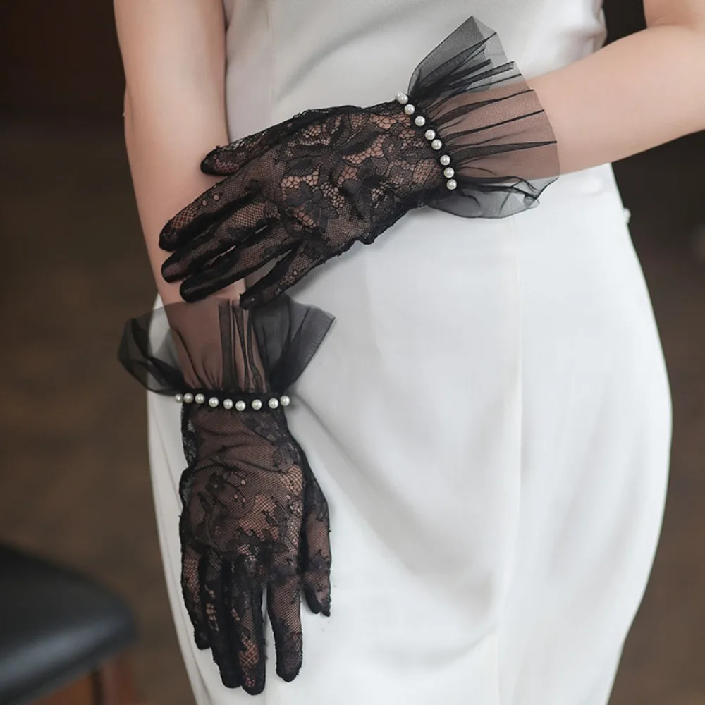 

Мягкие дышащие свадебные перчатки с бантом и жемчугом, свадебные варежки, марлевые тонкие сетчатые кружевные перчатки для вечеринки