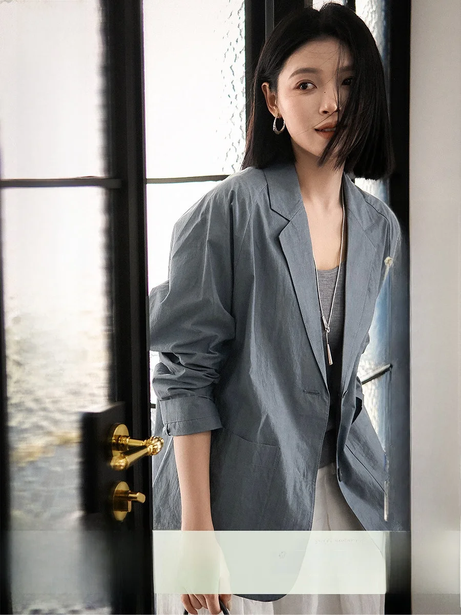 

Шелково-хлопковый жакет свободного кроя для капсульного гардероба, тонкий, женский деловой пиджак, верхняя одежда с длинным рукавом, стандартная длина