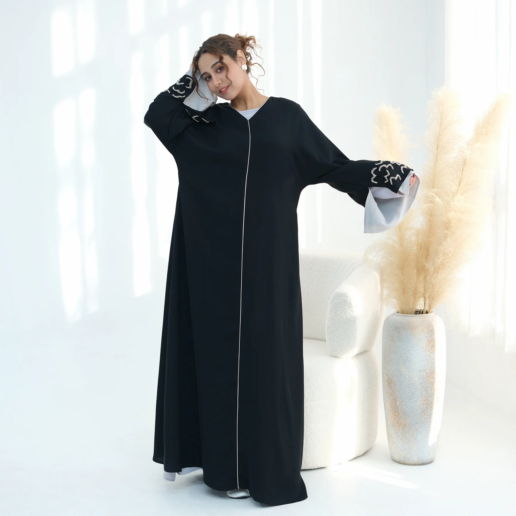 Dubai Offene Abaya Perlen Kimono Strickjacke Frauen Muslimischen Kleid Eid Abbayas Türkei Kaftan Kebaya Kaftan Marocain Frauen Kleid Jalabiya