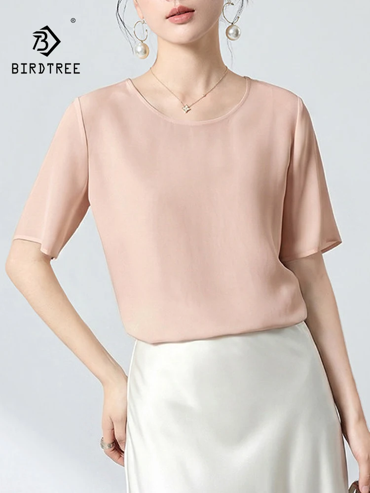 

Элегантная футболка BirdTree-20MM из 41,1% шелка и 49,7% вискозы, с коротким рукавом, круглым вырезом, однотонная, женская базовая свободная блузка, новинка лета 2026, T63739CC