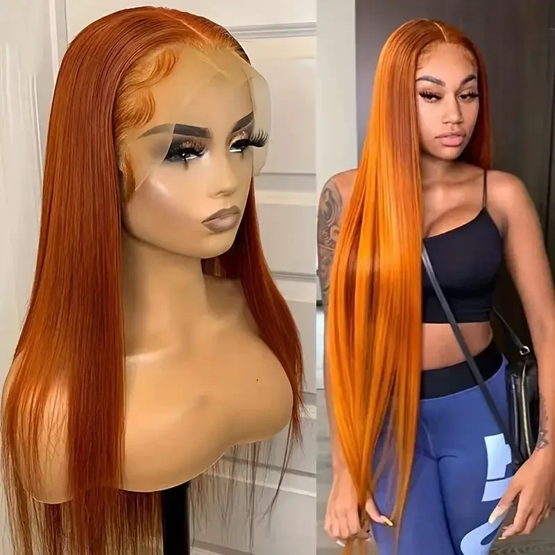 Fashionable Natural Orange Long Hair Wig For Women Lace Frontal Wig Voluminous Full Day Synthetic