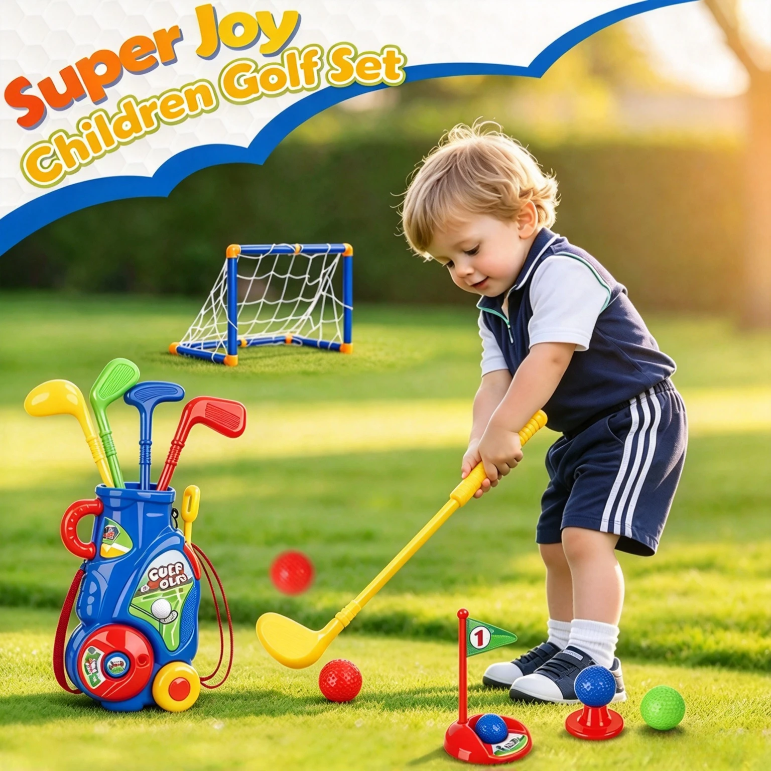 Golf Set, Plastic Golf Club, 3-Year-Old Child Plastic Golf Set, Golf Cart with Telescopic Rod, Indoor Outdoor Golf Toy Gift
