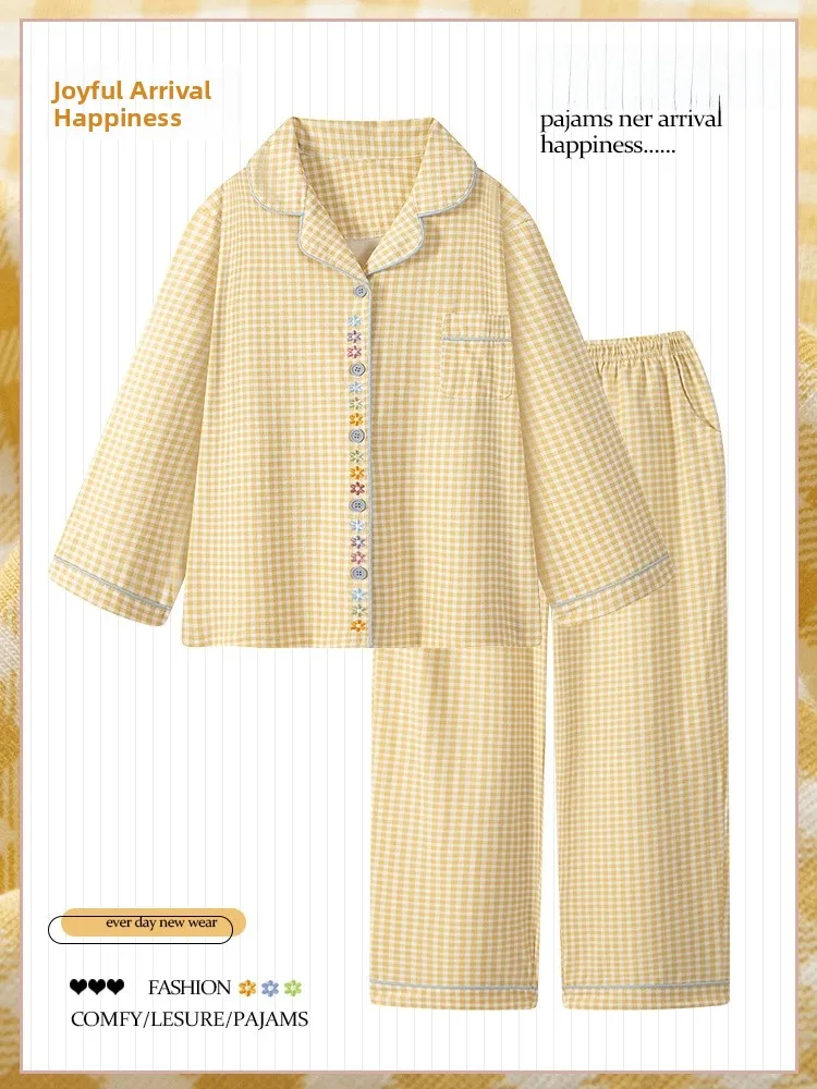 

2026 New Plaid Sleepwear Women Spring Autumn Pure Cotton Fabric 100% Long Sleeve Cute Japanese Style Home Clothes