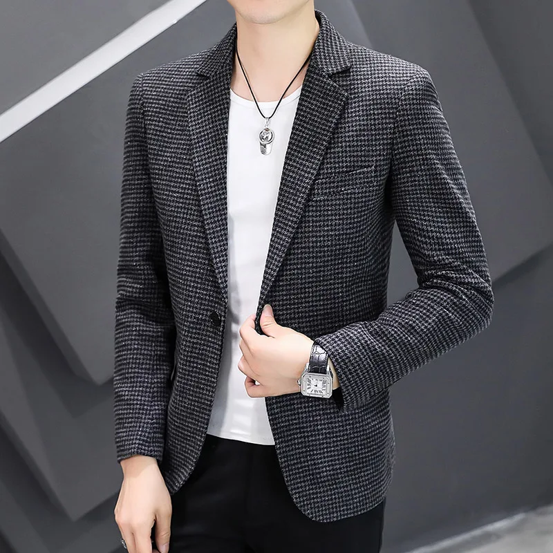 

Men's Smart Casual Checkered Loose Slim Fit Suit Stylish Handsome Single Breasted Wool Jacket Autumn Winter Menswear
