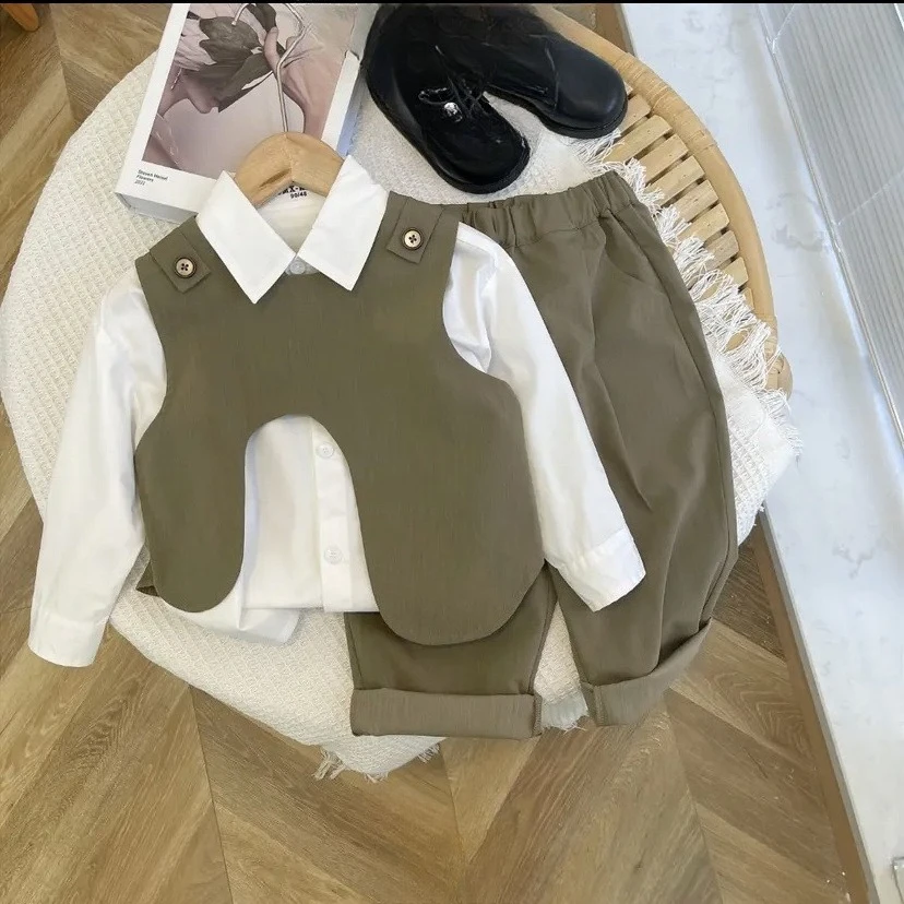 

2025 Autumn New Boys' Set Non Color Vest Shirt Pants Fashionable Western Style Casual Cool 3-Piece Set