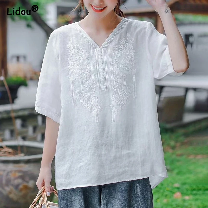 

Vintage Embroidery White Short Sleeve V-neck T-shirts Summer Fashion New Loose Straight Oversize Solid Color Tops Women Clothing