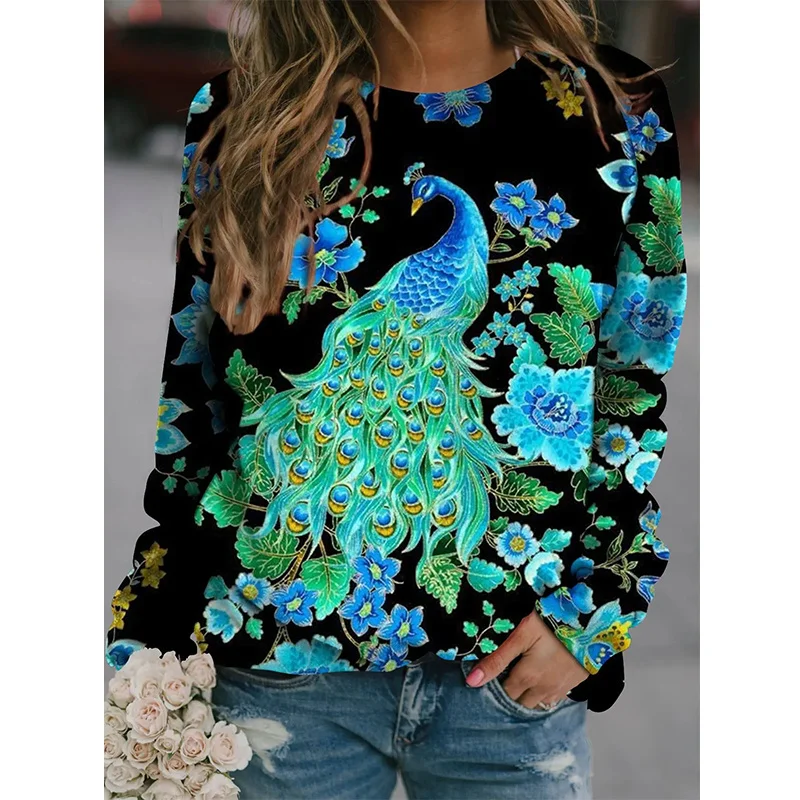 Spring And Autumn 3D Peacocks Printed Long Sleeve T Shirt Women Florals Pullover Harajuku Clothing Women Tops Sweatshirts