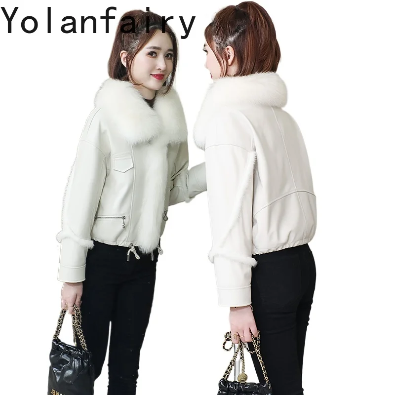 YOLANFAIRY جلد الغنم الحقيقي أسفل سترة المرأة الشتاء تقسم فرو المنك قصيرة ضئيلة المرأة سترات من الجلد الثعلب الفراء طوق