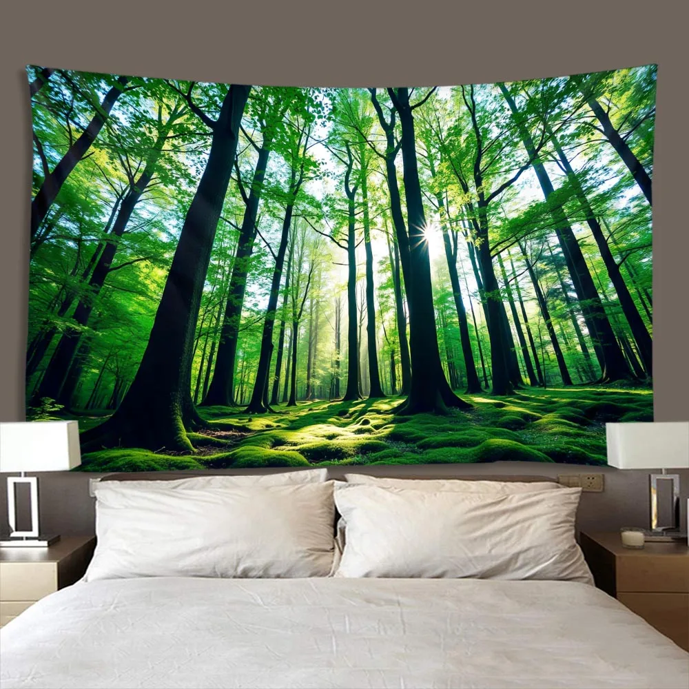 Forest Green Misty Sunshine Tapestry Wall Decoration Aesthetic Fabric Mural for Bedroom Living Room Hanging Poster
