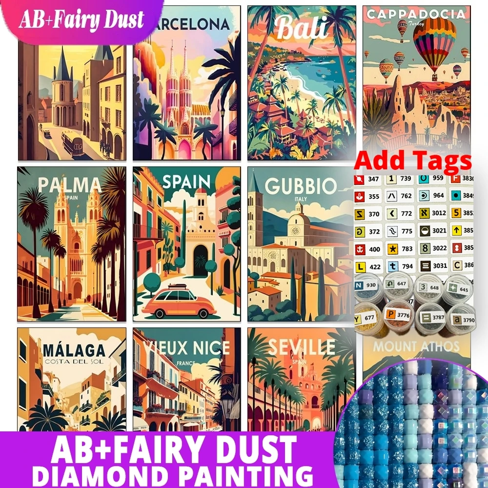 Pegatinas AB Fairy Dust DMC, Kit de pintura de diamantes de arquitectura urbana, Vista de calle de Marruecos y España, Mosaico redondo completo DIY, Bordado