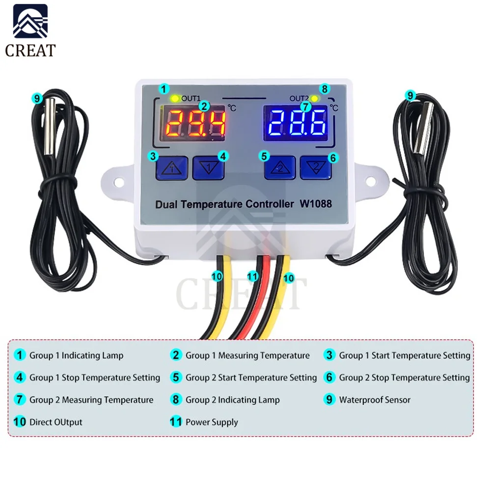 W1088 Dual LED Digital Temperature Sensor Meter Controller 12V 24V AC110-220V Thermostat Aquarium Incubator Thermoregulator