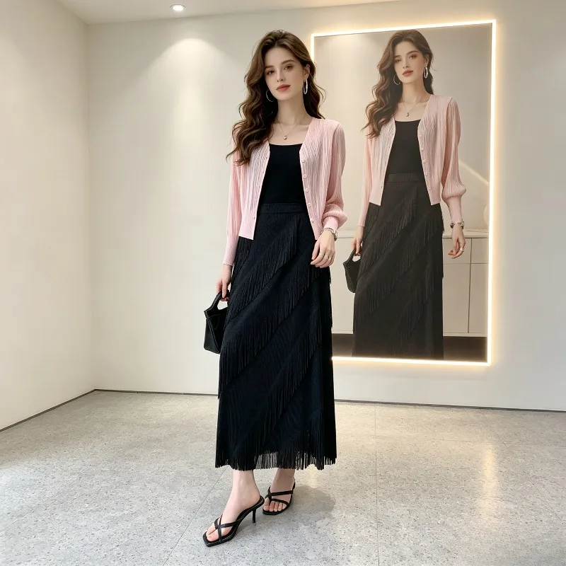 2026 Summer Miyake Pleated New Original Spring Summer Tassel Skirt Women Mid-Length Elastic Waist Stretch Pleated Skirt Women