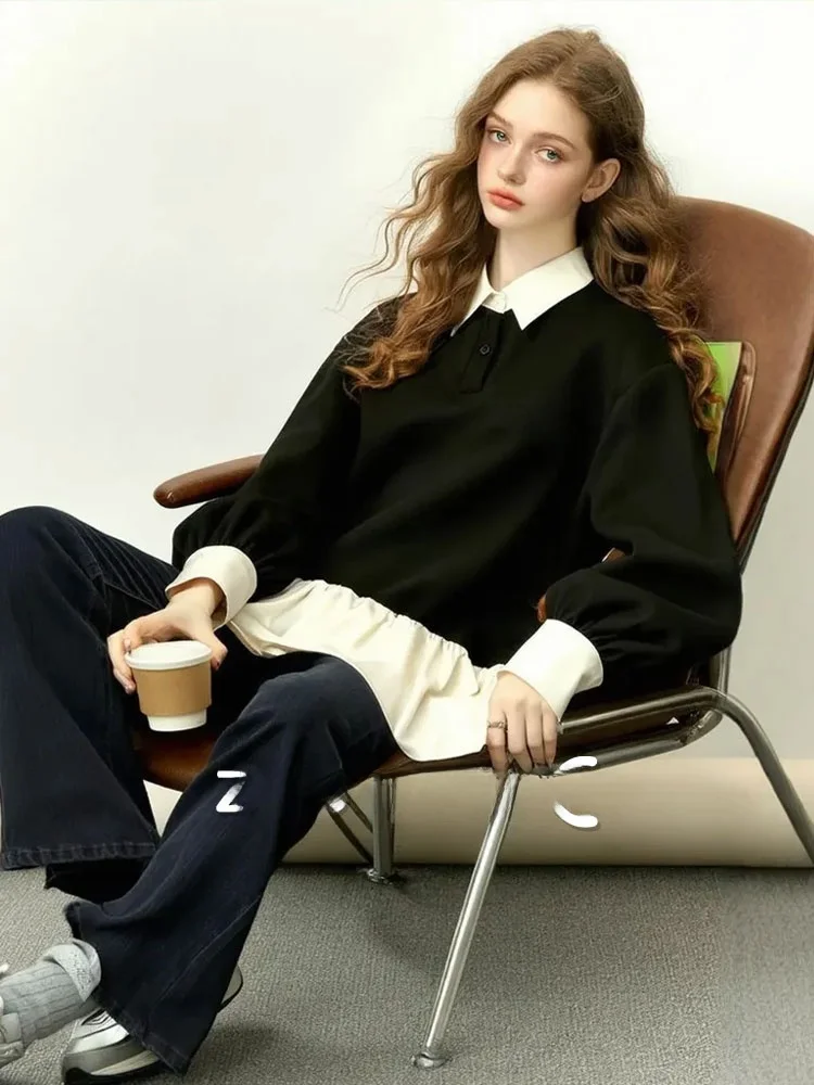 

Air Layer Splicing Ne Sweatirt Button Bla Top Women's Loose Fit Autumn New Design Sense Commute Sle Long Sve