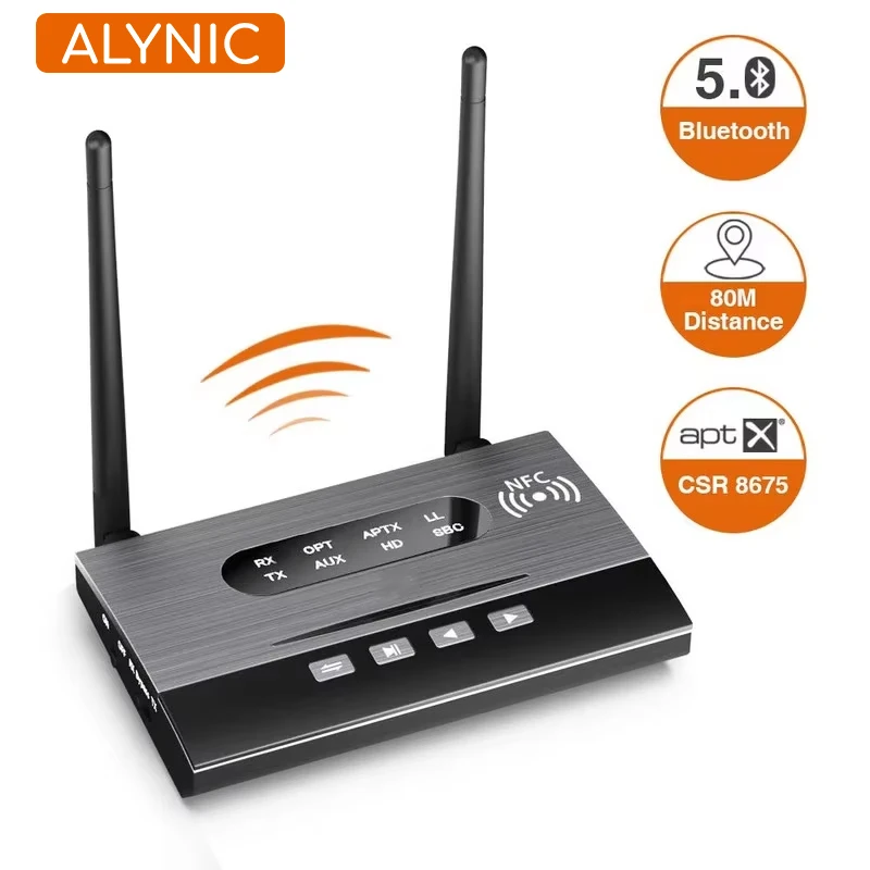 Alynic Bluetooth 5.0 Car Kit NFC 80mBluetooth Audio Transmitter Receiver Bypass aptX LL HD Wireless Adapter AUX 3.5mm For PC TV