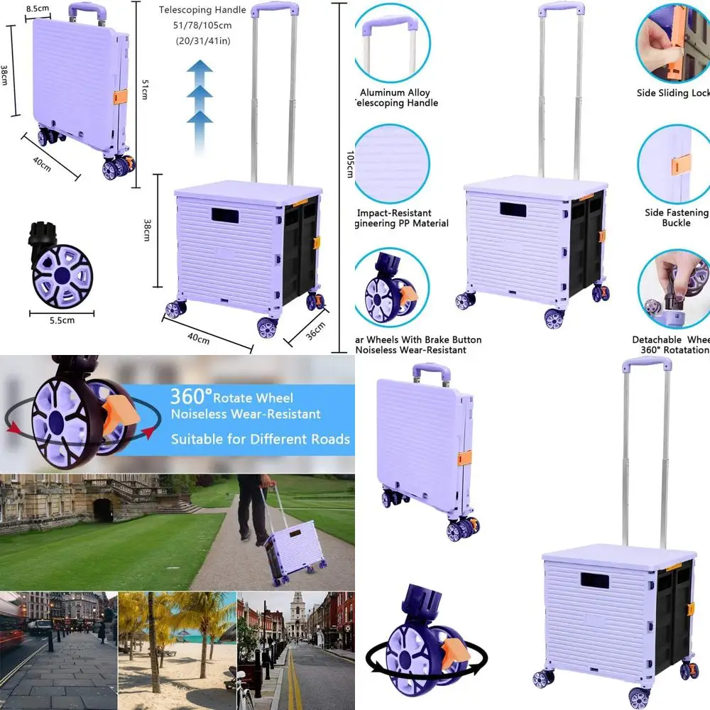 

Collapsible Portable Utility Cart with Telescoping Handle and 4 Rotating Wheels for Travel, Shopping, and Office Use (Purple)