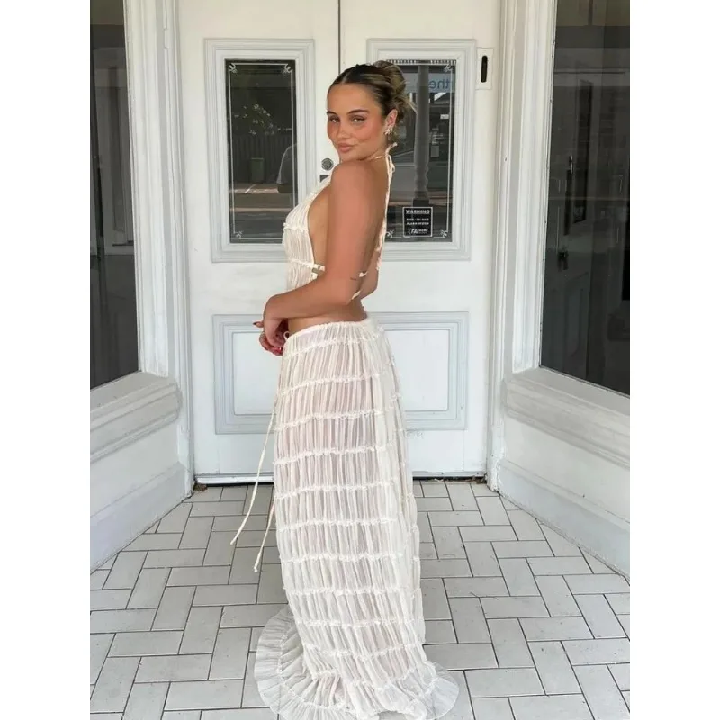 2024 Lente Zomer Dames 2 Delige Set Mode Solide Halter Lange Rok Pak Vrouwen Rugloze Slinger Top Veteraan Geplooide Maxi Rokken