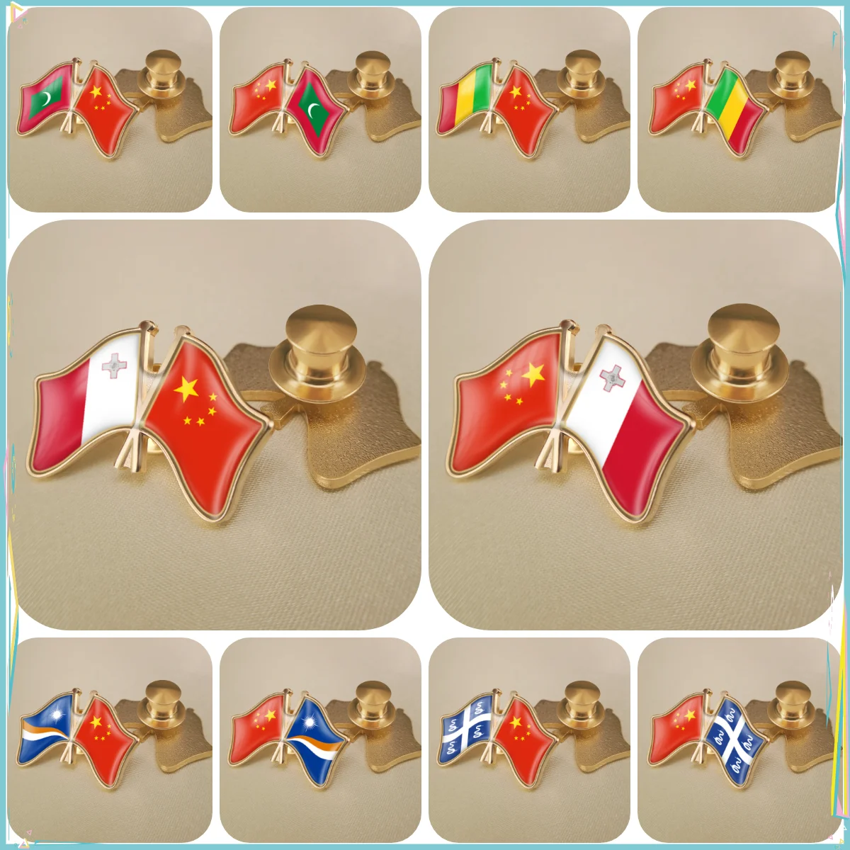 China and Maldives Mali Malta Marshall Islands Martinique Crossed Double Friendship Flags Lapel Pins Brooch Badges