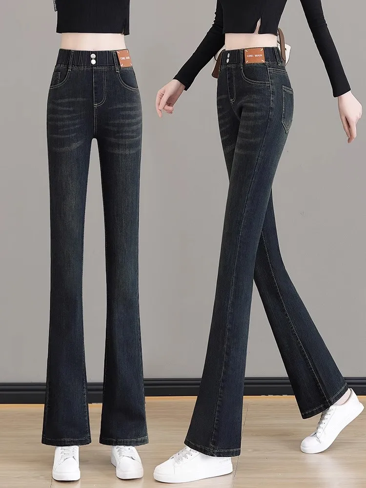 

Thiened Fce High Waist Women's Jeans Autumn Winter Sle 2025 New Micro Flared Pants Deep Blue And Light Blue Long Trousers