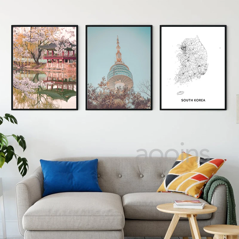 كوريا الجنوبية خريطة أبيض وأسود المشارك الفن طباعة سيول مدينة شارع خريطة الطريق الحديثة الرسم على لوحات القماش الجدارية صورة مكتب ديكور