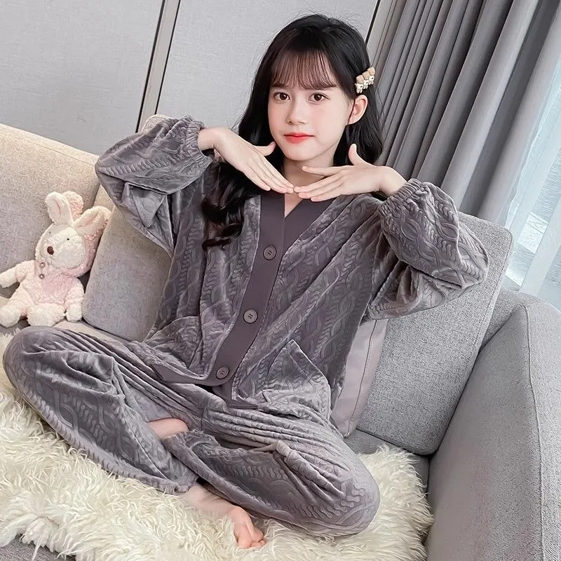 

Girls' Island Velvet Pajamas 2 Piece Set 2025 Autumn Winter Warmth Outwear for Medium Large Kids Home Wear