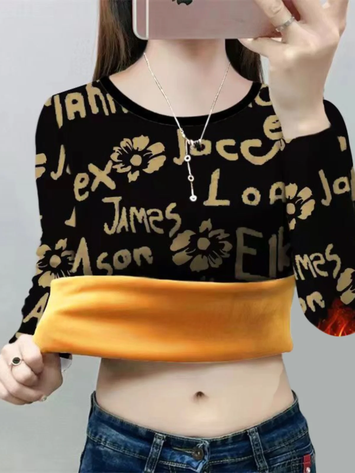 

Thiened Fce Lined Long Sve round Ne Women's Base irt Warmth Commute Sle Korean Loose Fit Woolen Top Faion